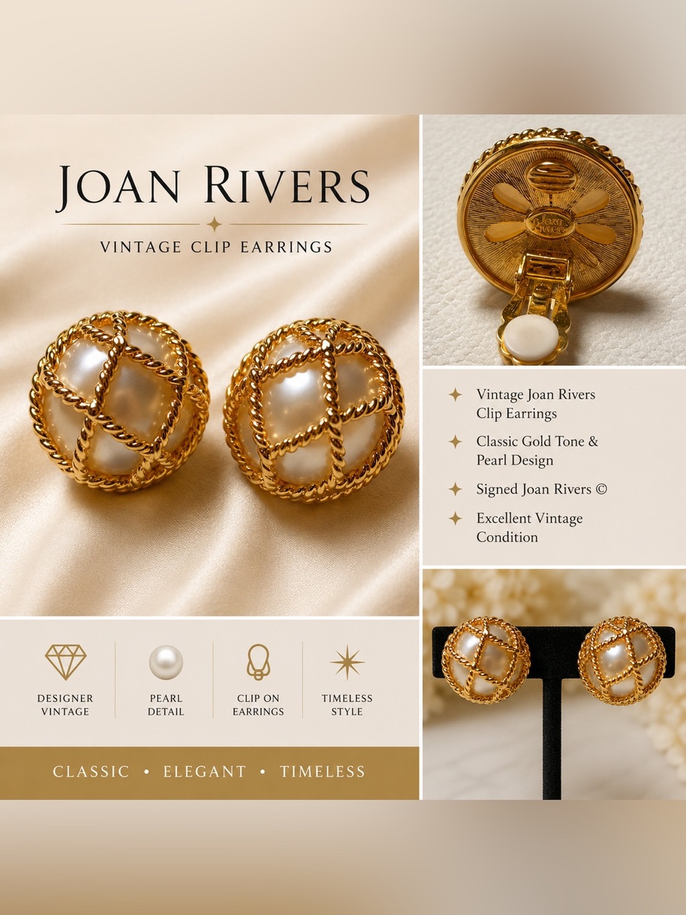 Vintage Joan Rivers Faux Pearl Gold Tone Rope Clip Earrings Signed Designer
